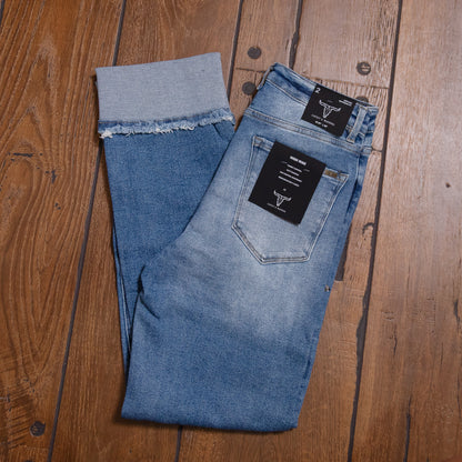 Lucky & Blessed Distressed Boyfriend Jeans – Mid Stone Wash, High Rise, 28” Cuffed Inseam JE314 (Regular & Plus Sizes)