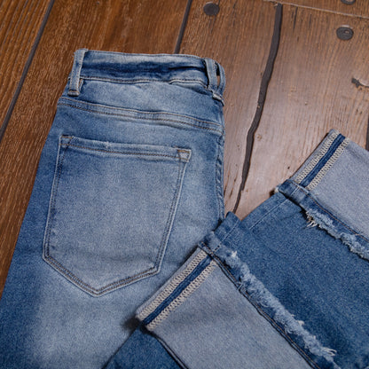 Lucky & Blessed Distressed Boyfriend Jeans – Mid Stone Wash, High Rise, 28” Cuffed Inseam JE314 (Regular & Plus Sizes)