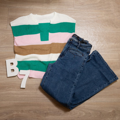 Multicolor Color-Block Notch V-Neck Sweater – Vibrant & Cozy Pullover