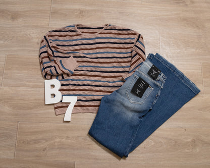 Multicolor Striped Drop‑Shoulder Sweater – Cozy Round‑Neck Knit Pullover
