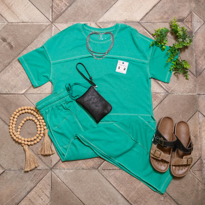 Green Relaxed Lounge Set | Short Sleeve Top & Wide Leg Pants Set