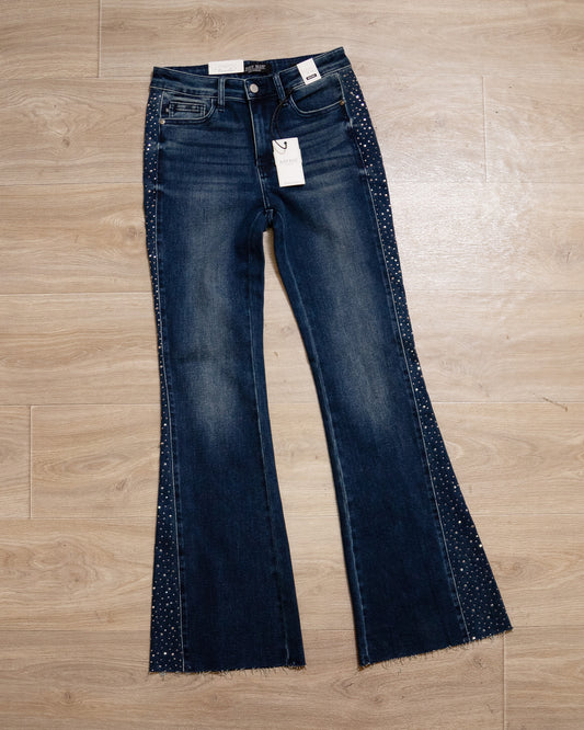 Judy Blue Dark Wash Rhinestone Side Panel Flare Jeans – Sparkle, Stretch & Show-Stopping Style