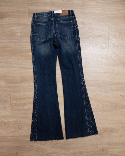 Judy Blue Dark Wash Rhinestone Side Panel Flare Jeans – Sparkle, Stretch & Show-Stopping Style