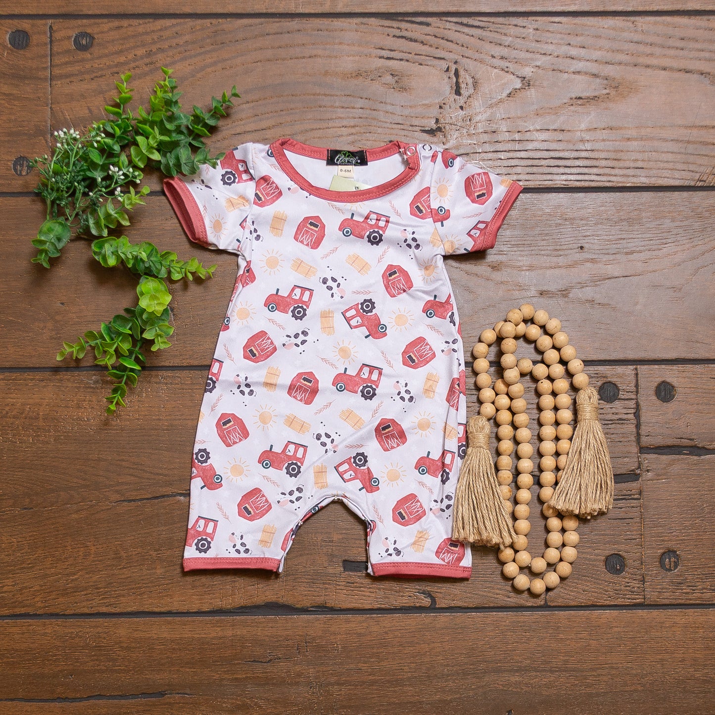 Haystack Boy Romper | Farm Print Baby Boy Summer Romper by Clover Cottage