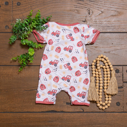 Haystack Boy Romper | Farm Print Baby Boy Summer Romper by Clover Cottage