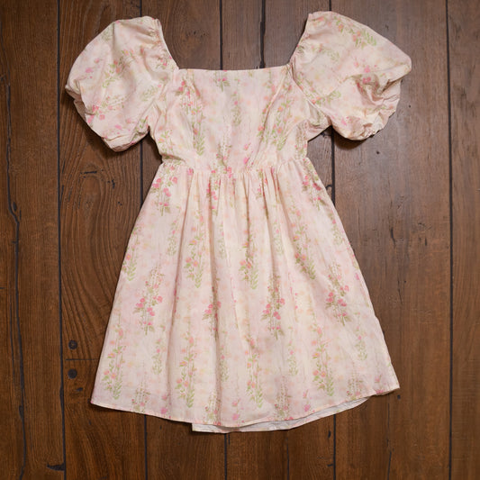 Pink Floral Puff Sleeve Mini Dress | Square Neck & Open Back with Bow Detail