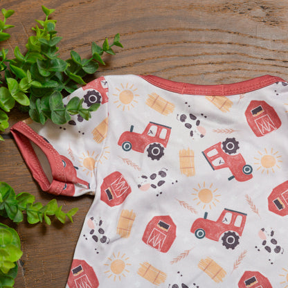 Haystack Boy Romper | Farm Print Baby Boy Summer Romper by Clover Cottage