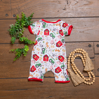 Little Farmer Boy Romper | Farm Print Baby Boy Summer Romper