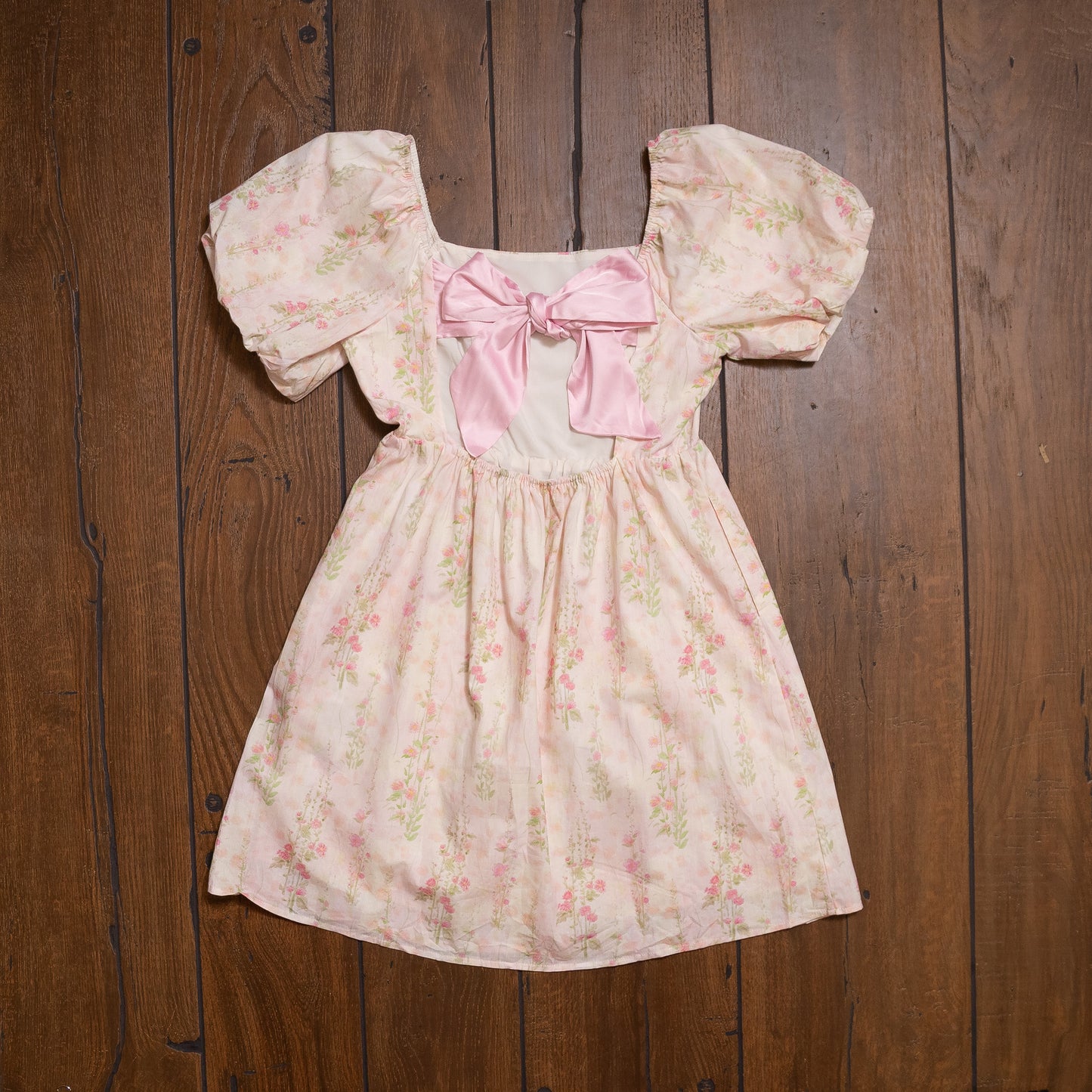 Pink Floral Puff Sleeve Mini Dress | Square Neck & Open Back with Bow Detail