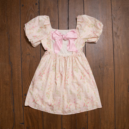 Pink Floral Puff Sleeve Mini Dress | Square Neck & Open Back with Bow Detail