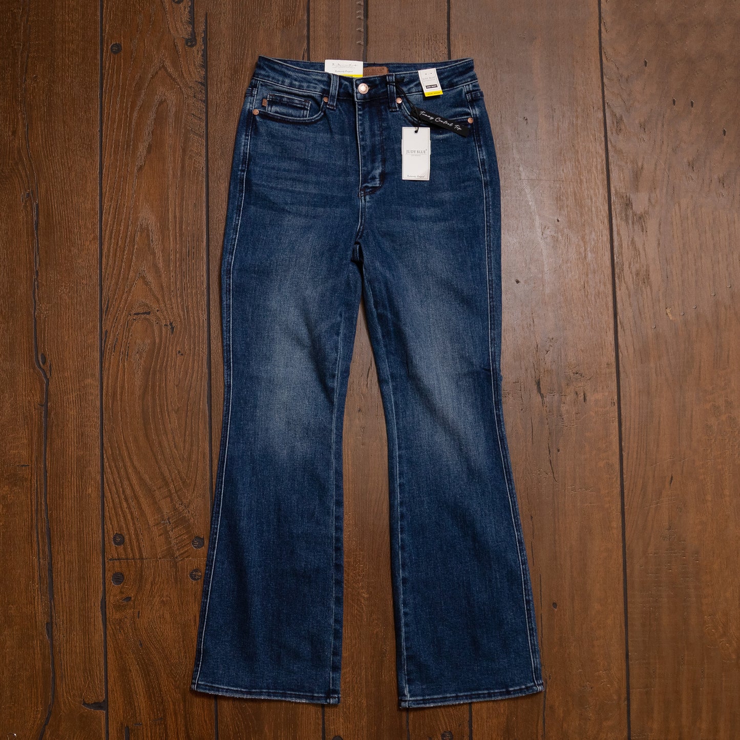 High Rise Tummy Control Short Embroidered Bootcut Jeans – Slimming Shape & Sweet Stitch Detail