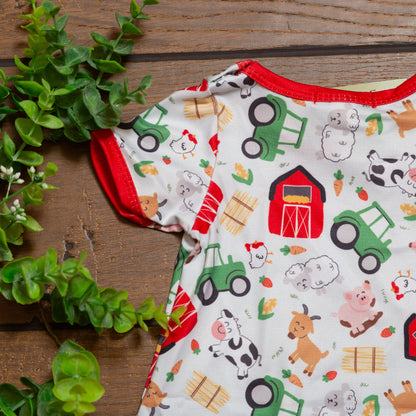 Little Farmer Boy Romper | Farm Print Baby Boy Summer Romper