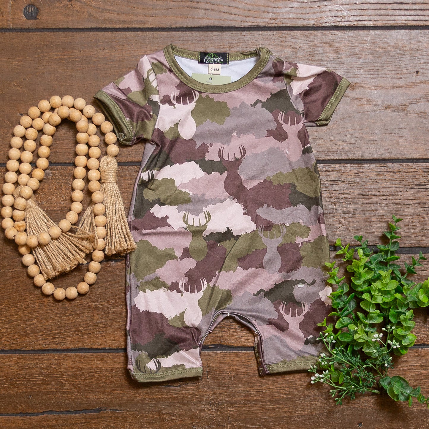 Deer Camo Boy Romper | Camo Deer Print Baby Boy Summer Romper by Clover Cottage