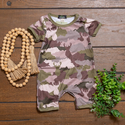 Deer Camo Boy Romper | Camo Deer Print Baby Boy Summer Romper by Clover Cottage