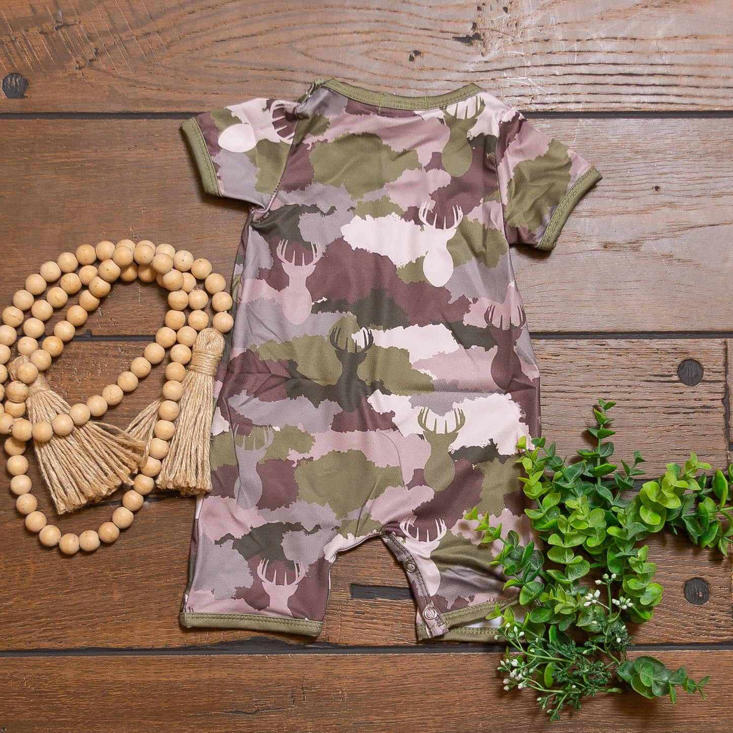 Deer Camo Boy Romper | Camo Deer Print Baby Boy Summer Romper by Clover Cottage