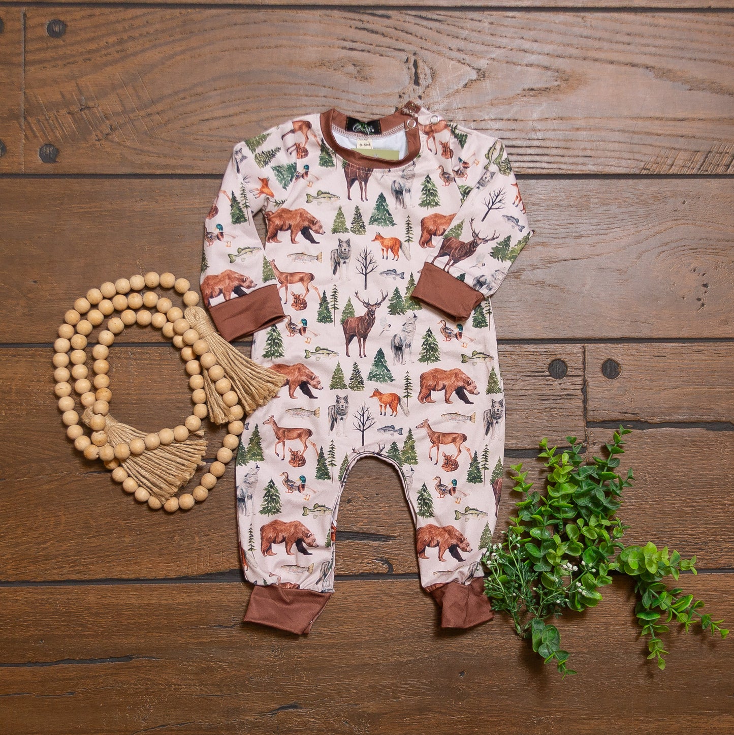 LS Backwood Boy Romper | Woodland Print Baby Boy Boutique Romper by Clover Cottage