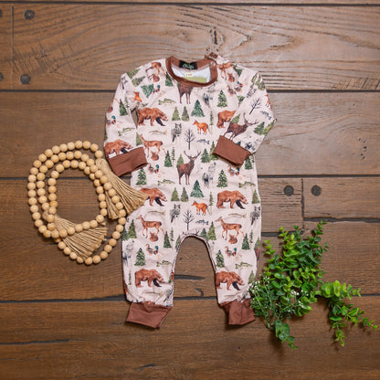 LS Backwood Boy Romper | Woodland Print Baby Boy Boutique Romper by Clover Cottage