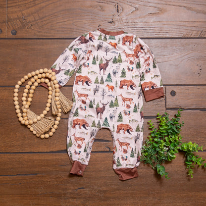 LS Backwood Boy Romper | Woodland Print Baby Boy Boutique Romper by Clover Cottage
