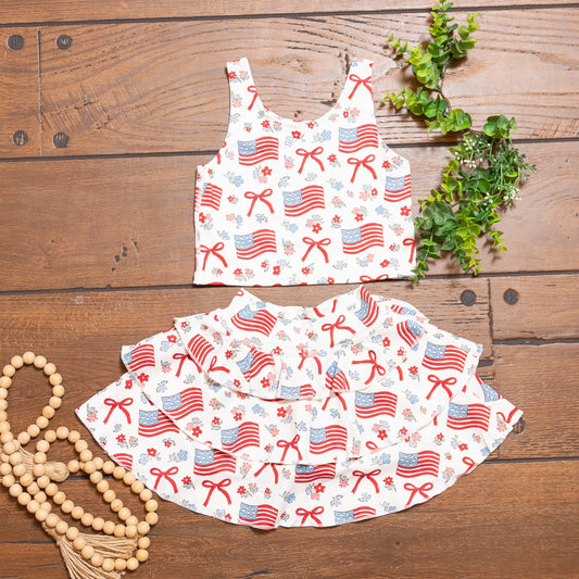 Red White & Blue Ruffle Girls Skort Set – Patriotic Boutique Outfit for Girls