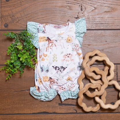 Hobby Farm Baby Romper | Boutique Farm Print Baby Romper by Clove Cottage