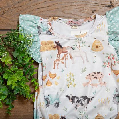 Hobby Farm Baby Romper | Boutique Farm Print Baby Romper by Clove Cottage