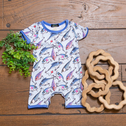 Lure Boy Romper | Fishing Lure Print Baby Boy Summer Romper by Clover