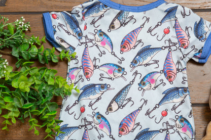 Lure Boy Romper | Fishing Lure Print Baby Boy Summer Romper by Clover