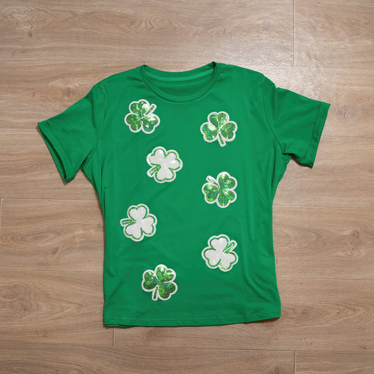 Bright Green Sequined Clover Tee – Glimmering Shamrock Style