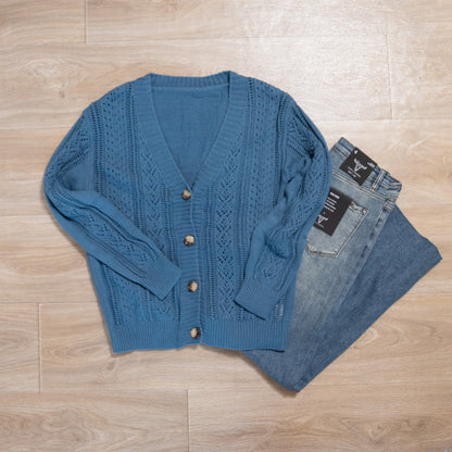 Real Teal Open Knit Drop Shoulder Sweater Cardigan | Lightweight Layering Piece