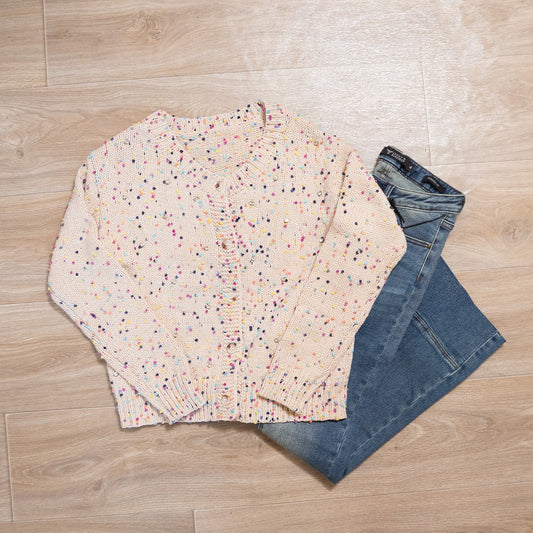 Apricot Rhinestone Confetti Sweater Cardigan | Sparkly Multicolor Knit Boutique Layer