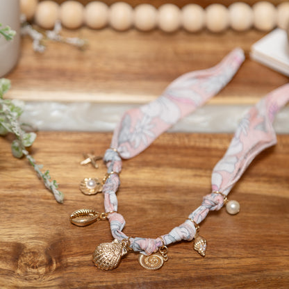 Seaside Sweetheart Charm Necklace | Floral Fabric Shell & Pearl Necklace