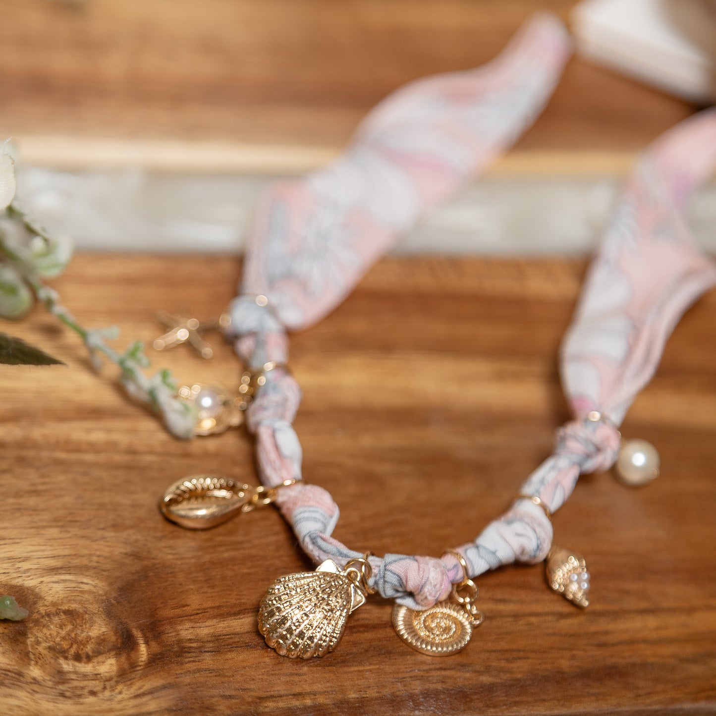 Seaside Sweetheart Charm Necklace | Floral Fabric Shell & Pearl Necklace