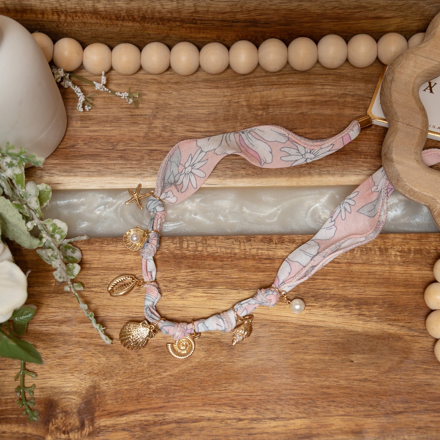 Seaside Sweetheart Charm Necklace | Floral Fabric Shell & Pearl Necklace