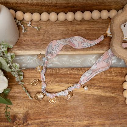 Seaside Sweetheart Charm Necklace | Floral Fabric Shell & Pearl Necklace