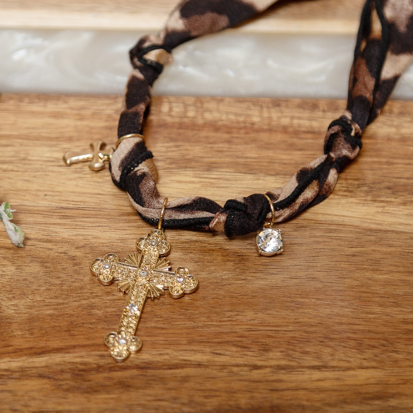 Wild Grace Cross Necklace | Leopard Fabric Gold Cross Charm Necklace