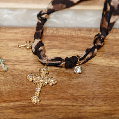 Wild Grace Cross Necklace | Leopard Fabric Gold Cross Charm Necklace