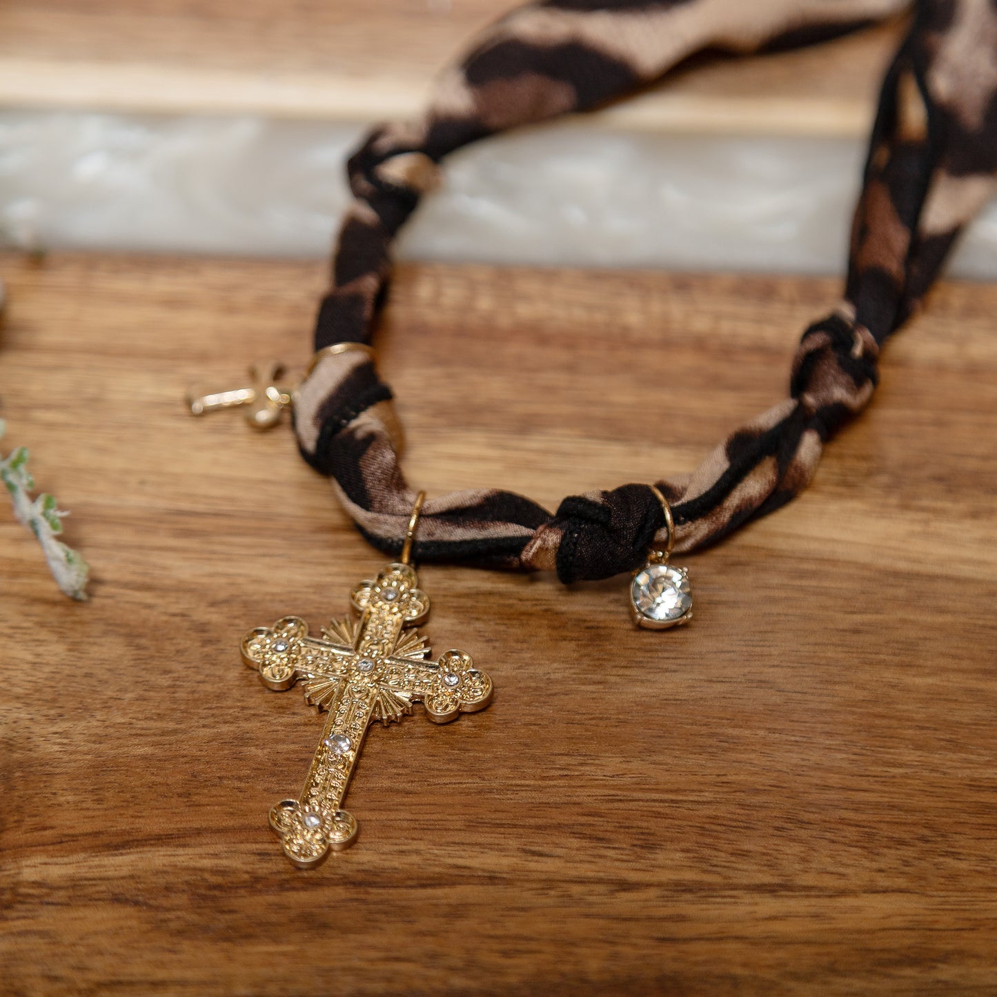 Wild Grace Cross Necklace | Leopard Fabric Gold Cross Charm Necklace