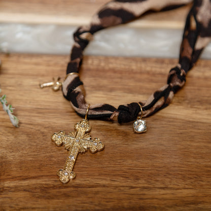 Wild Grace Cross Necklace | Leopard Fabric Gold Cross Charm Necklace