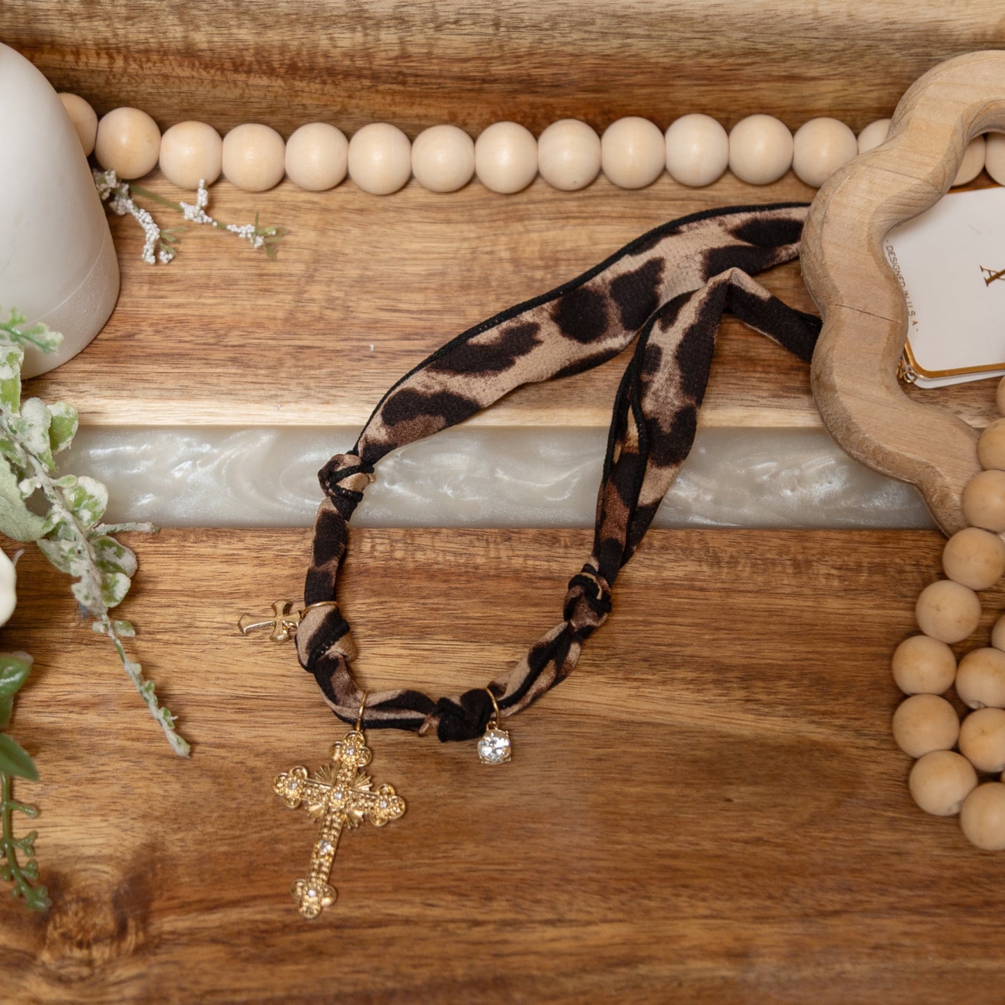 Wild Grace Cross Necklace | Leopard Fabric Gold Cross Charm Necklace