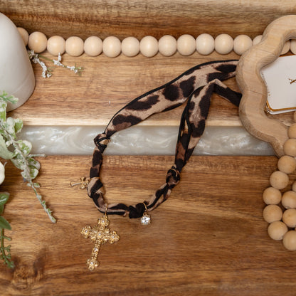 Wild Grace Cross Necklace | Leopard Fabric Gold Cross Charm Necklace