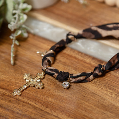 Wild Grace Cross Necklace | Leopard Fabric Gold Cross Charm Necklace