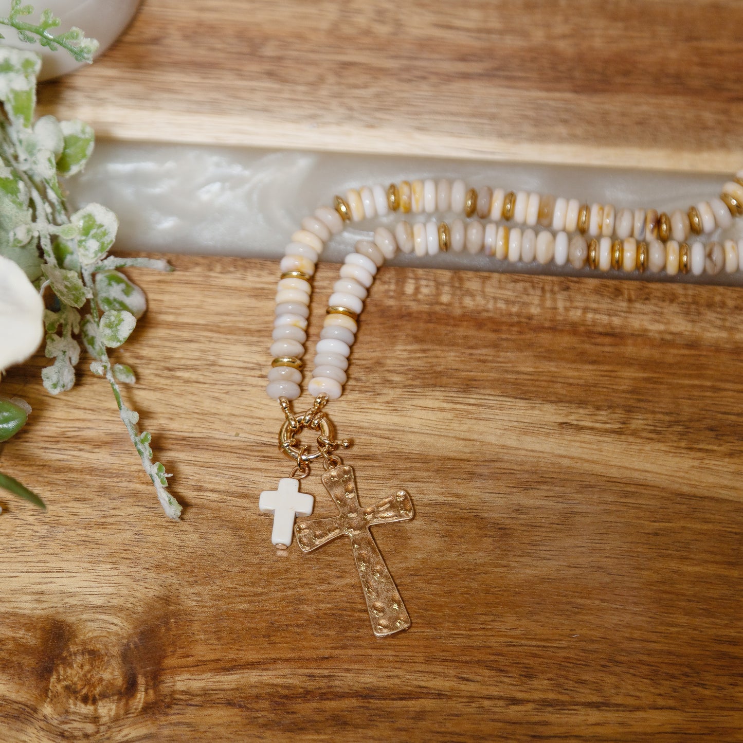 Grace Upon Grace Cross Necklace | Neutral Beaded Double Cross Statement Necklace
