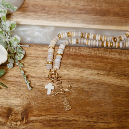 Grace Upon Grace Cross Necklace | Neutral Beaded Double Cross Statement Necklace