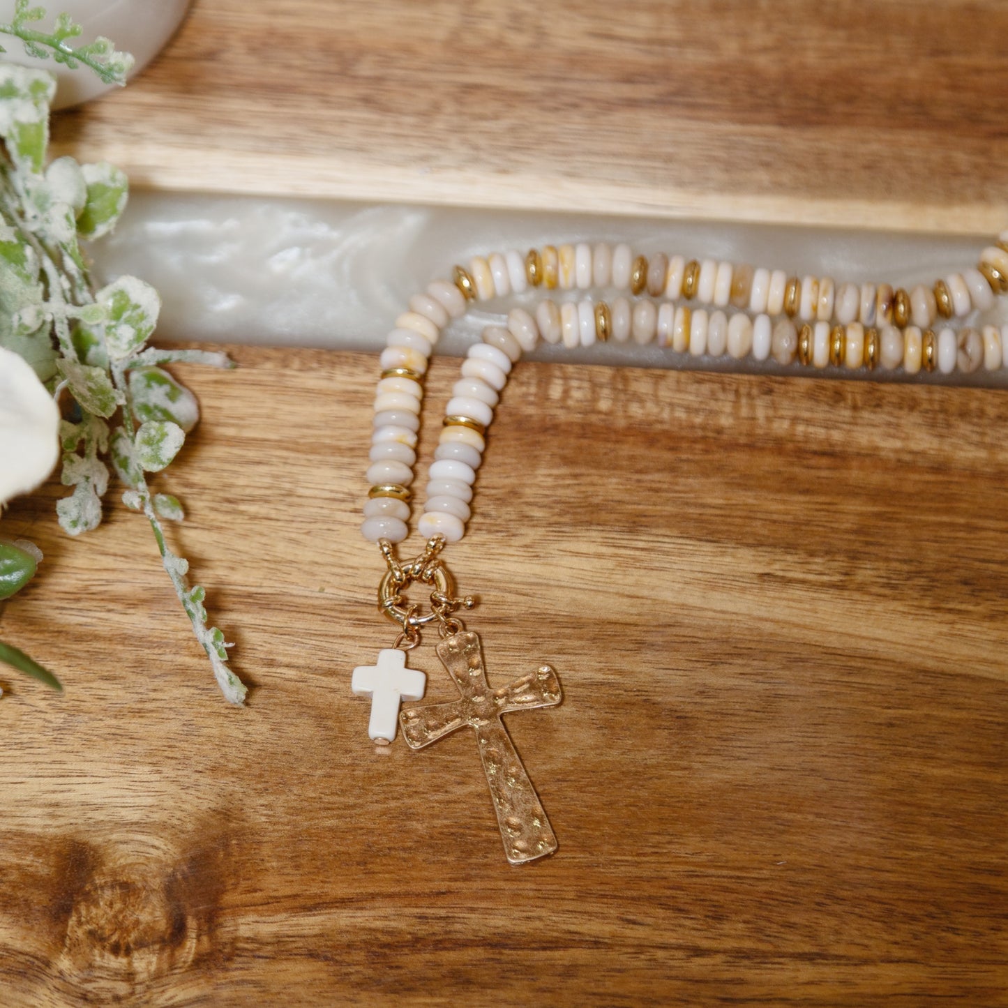 Grace Upon Grace Cross Necklace | Neutral Beaded Double Cross Statement Necklace