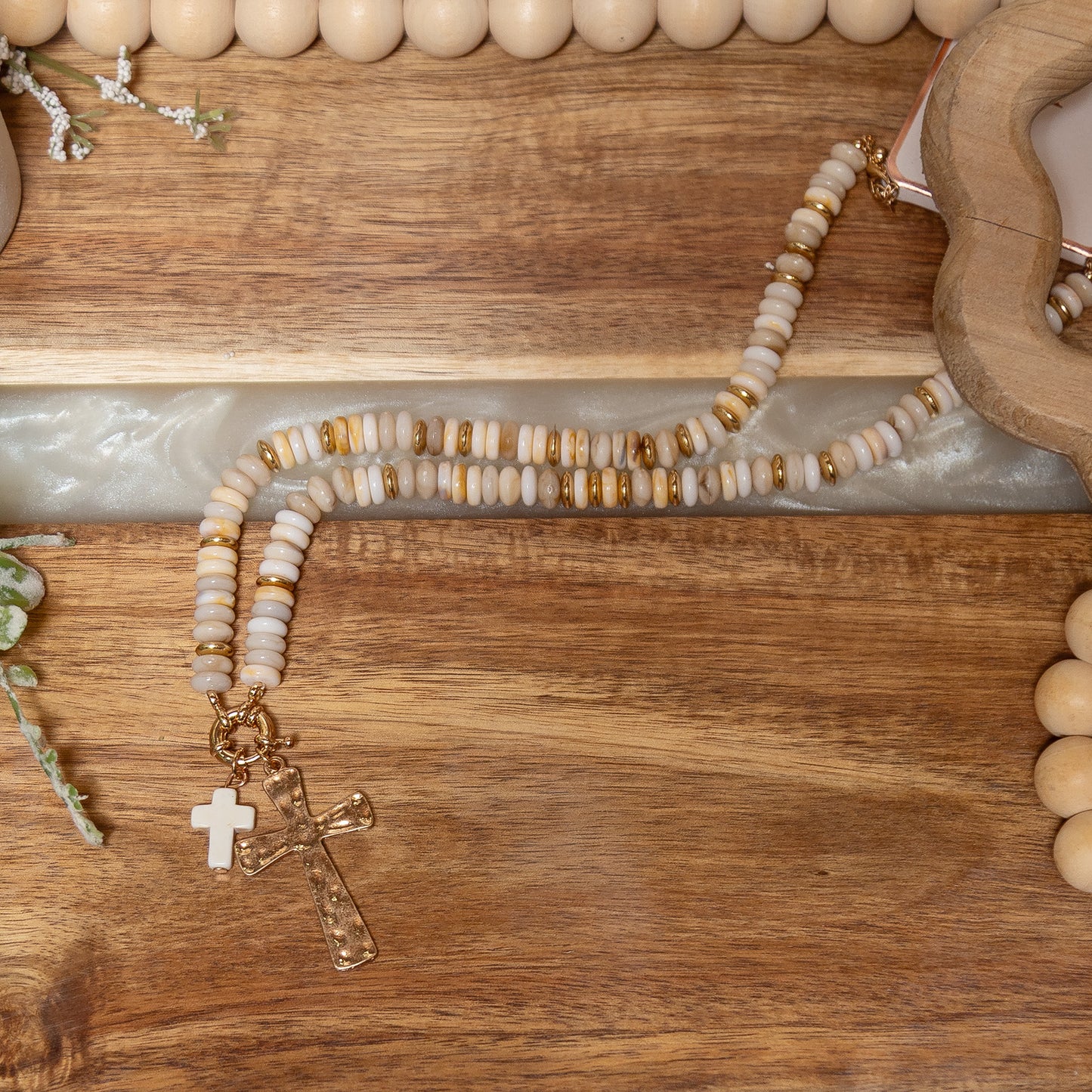 Grace Upon Grace Cross Necklace | Neutral Beaded Double Cross Statement Necklace