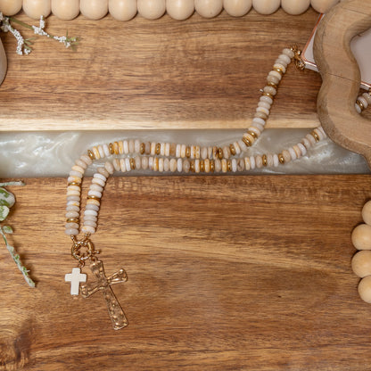 Grace Upon Grace Cross Necklace | Neutral Beaded Double Cross Statement Necklace
