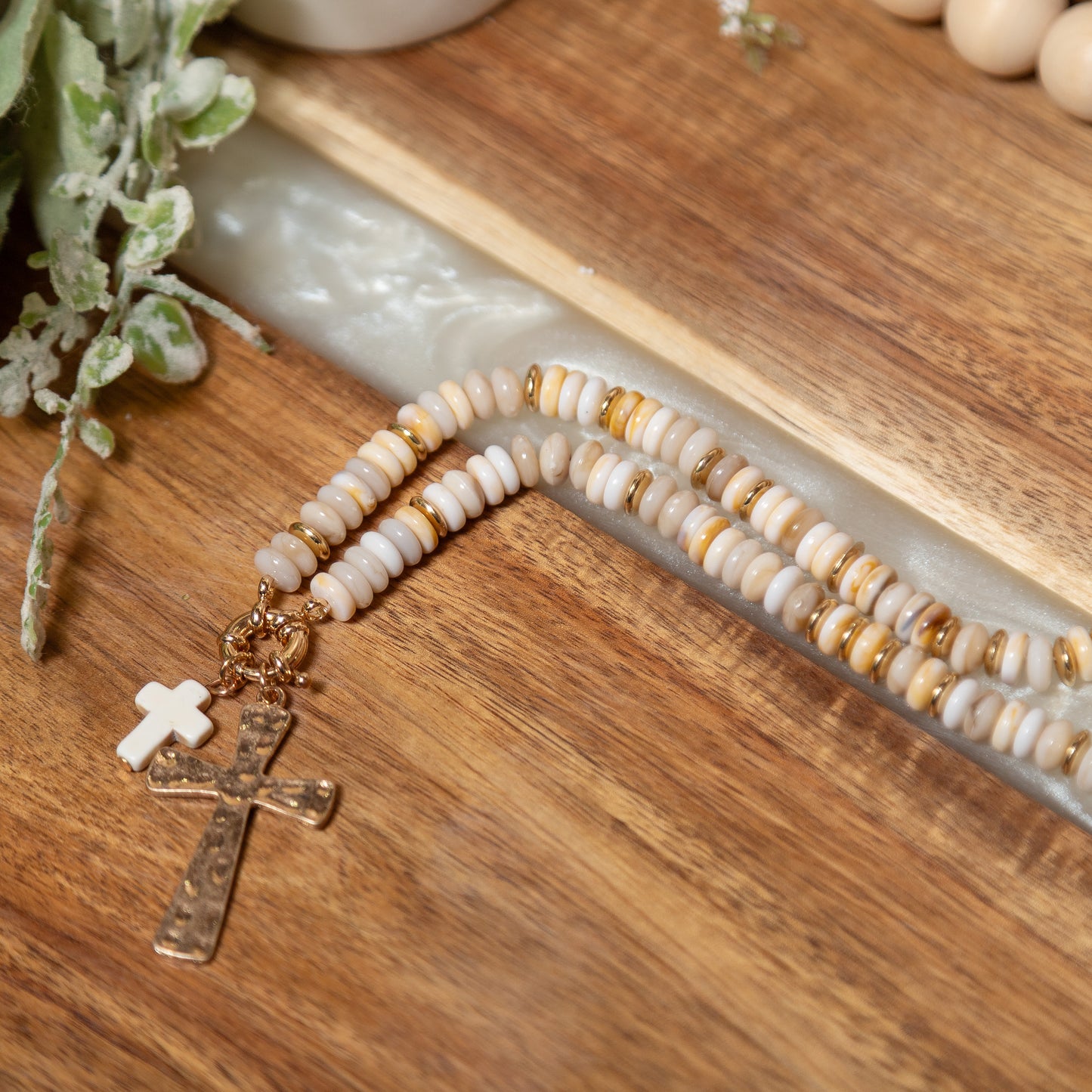 Grace Upon Grace Cross Necklace | Neutral Beaded Double Cross Statement Necklace