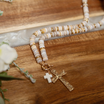 Grace Upon Grace Cross Necklace | Neutral Beaded Double Cross Statement Necklace