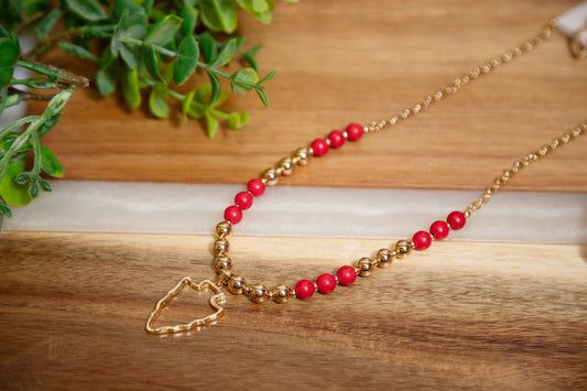 Arrowhead Necklace & Earring Set – Red & Gold Beaded Statement Jewelry, Game Day Inspired Accessory