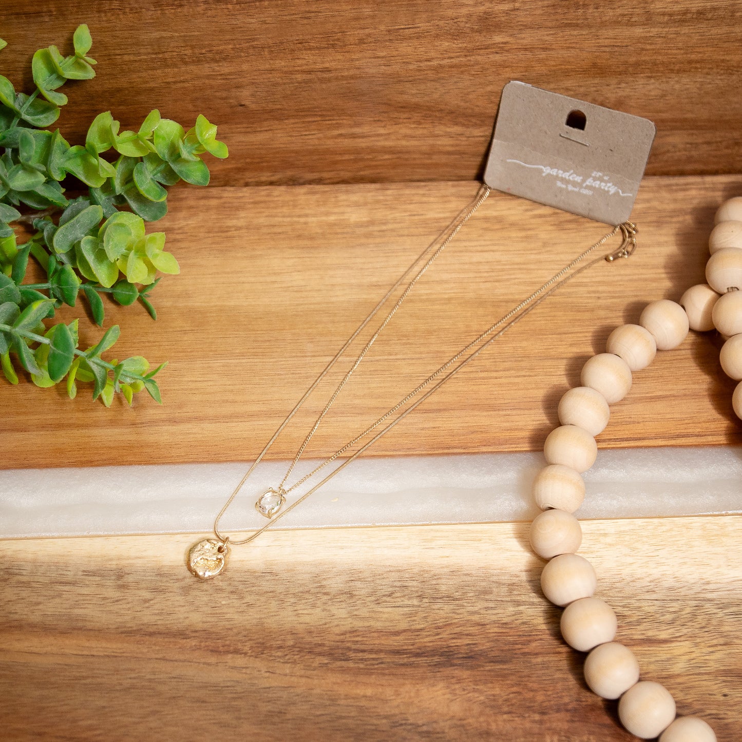 Layered Gold Necklace – Hammered Coin & Crystal Charm Pendant Set